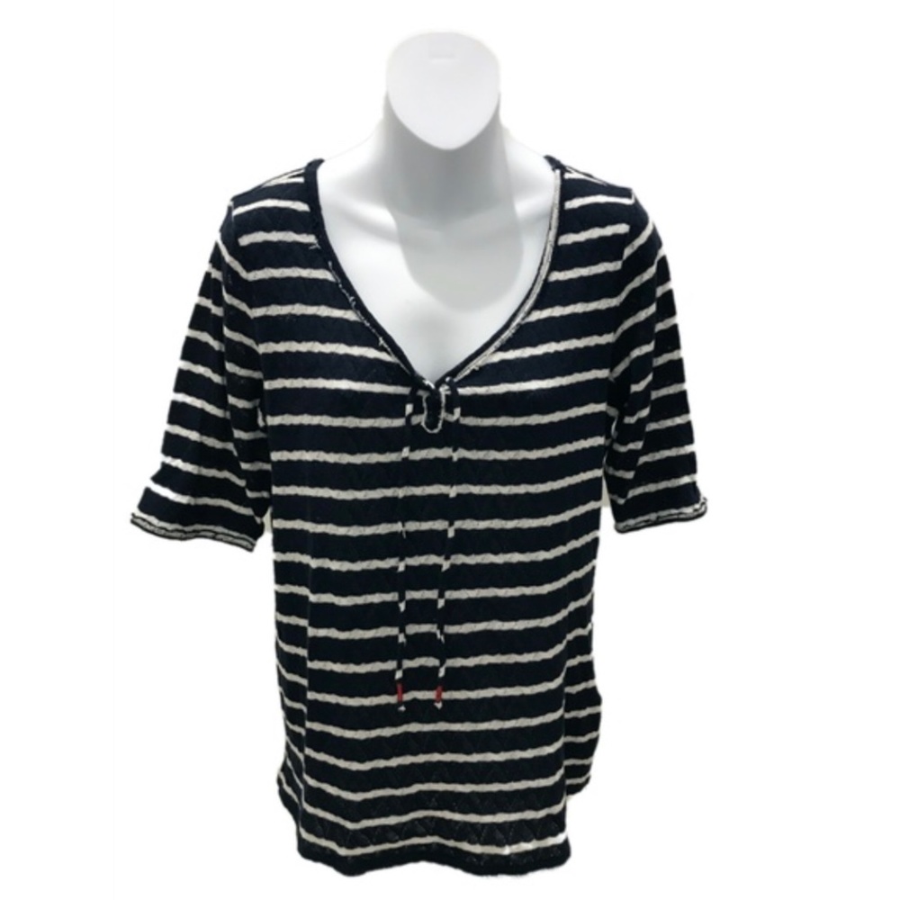 Lucky Brand Short Sleeve Striped V-Neck Blouse